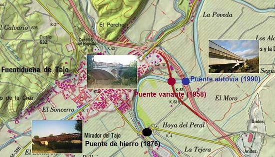 Plano de situación de los puentes actualmente existentes en Fuentidueña de Tajo. Fuente: Cartografía SIGPAC