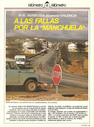 Revista Tráfico, nº 20 (marzo de 1987). Kilómetro y kilómetro: Honrubia (Cuenca)-Valencia (N-III). A las fallas por La Manchuela