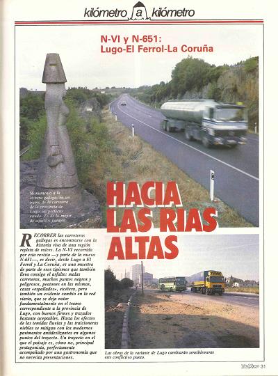 Revista Tráfico, nº 39 (diciembre de 1988). Kilómetro y kilómetro: Lugo-El Ferrol-La Coruña (N-VI y N-651). Hacia las Rías Altas